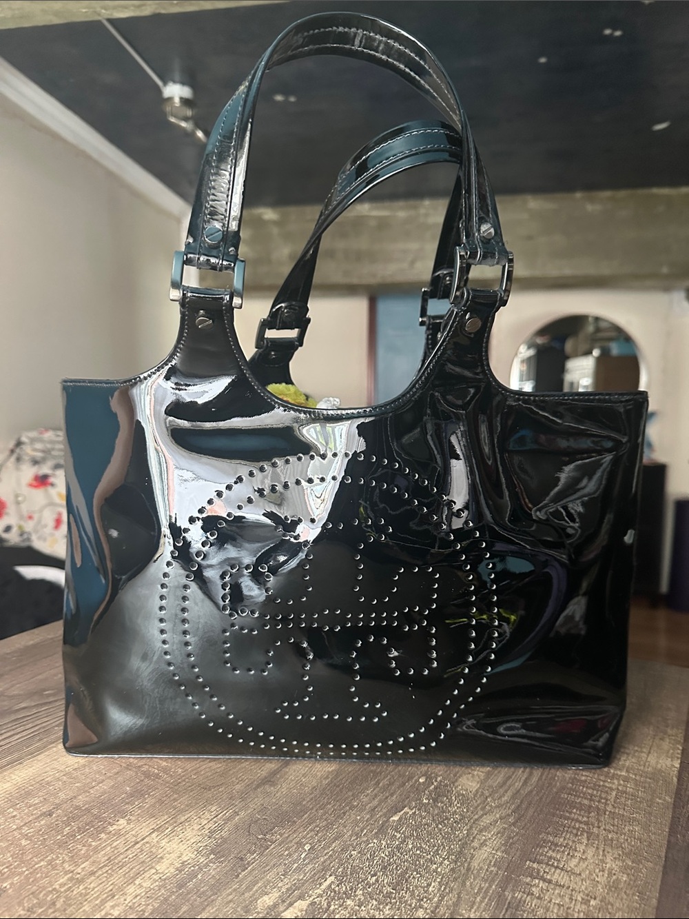 Tory Burch Black Patent Leather Tote Bag with Perforated Logo Detail